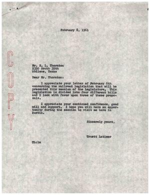 [Letter from Truett Latimer to E. L. Thornton, February 8, 1961]