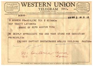 [Telegram from Hollis Yielding, March 2, 1959]