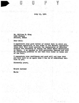 [Letter from Truett Latimer to William E. King, July 13, 1961]