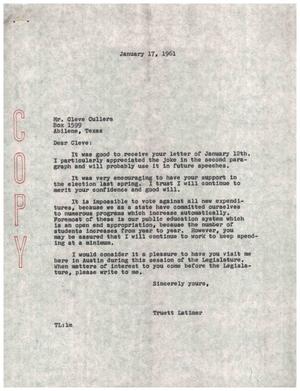[Letter from Truett Latimer to Cleve Cullers, January 17, 1961]