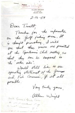 [Letter from Allen Wright to Truett Latimer, February 16, 1959]