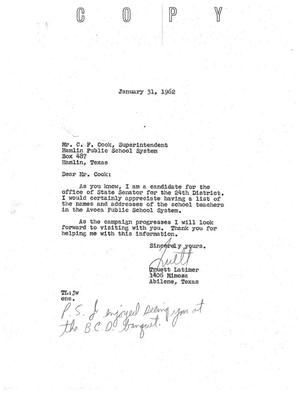 [Letter from Truett Latimer to C. F. Cook, January 31, 1962]