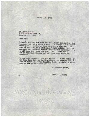 [Letter from Truett Latimer to Oren Seal, March 18, 1959]