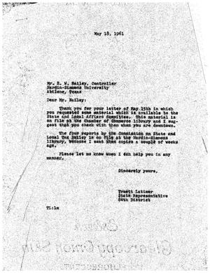 [Letter from Truett Latimer to E. W. Bailey, May 18, 1961]