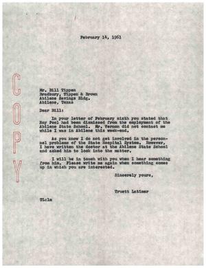 [Letter from Truett Latimer to Bill Tippen, February 14, 1961]