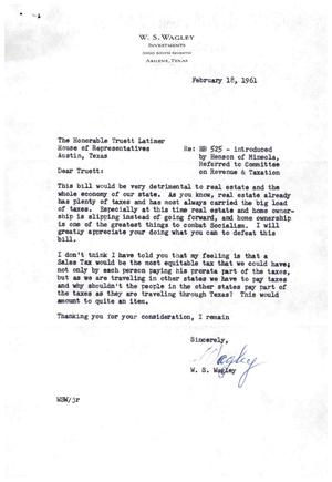 [Letter from W. S. Wagley to Truett Latimer, February 18, 1961]