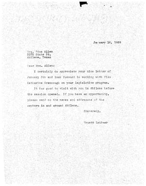 [Letter from Truett Latimer to Edna Allen, January 16, 1959]