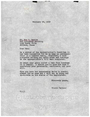 [Letter from Truett Latimer to Ben R. Barbee, February 23, 1959]