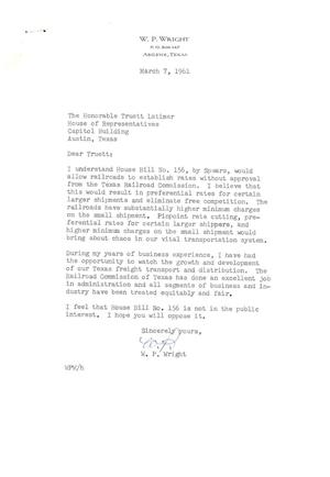 [Letter from W. P. Wright to Truett Latimer, March 7, 1961]