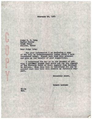 [Letter from Truett Latimer to H. F. Long, February 22, 1961]