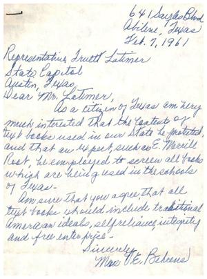 [Letter from Mrs. V. E. Behrens to Truett Latimer, February 7, 1961]