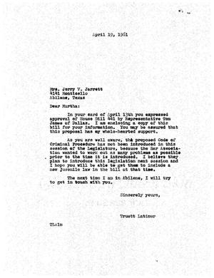 [Letter from Truett Latimer to Mrs. Jerry V. Jarrett, April 19, 1961]