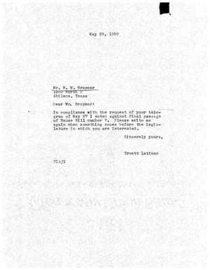 Primary view of object titled '[Letter from Truett Latimer to W. M. Brayer, May 29, 1959]'.