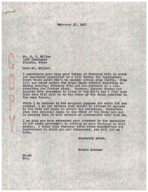 [Letter from Truett Latimer to B. C. Miller, February 27, 1961]