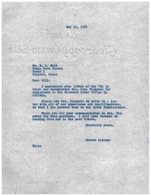 [Letter from Truett Latimer to B. J. Gist, May 10, 1961]