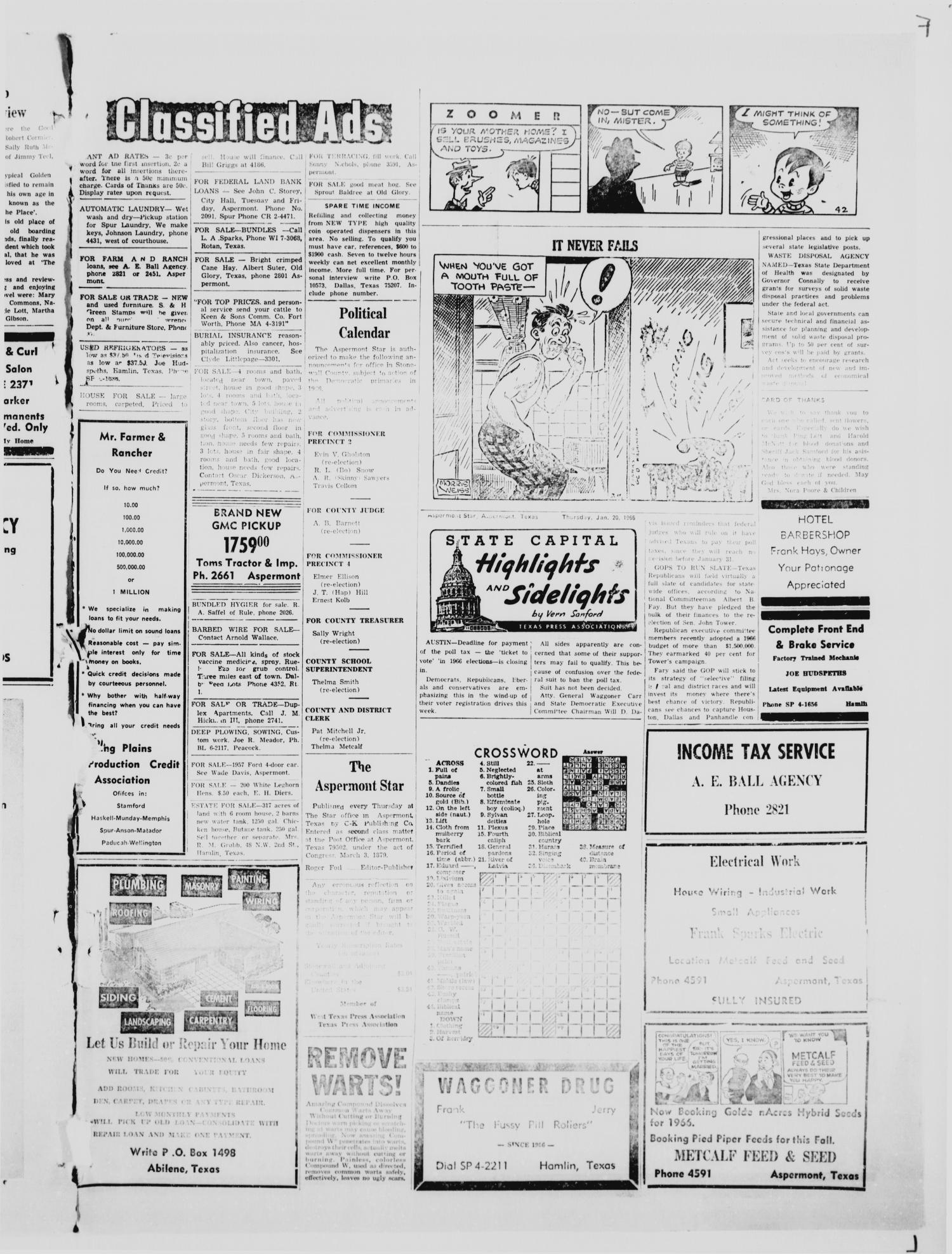 The Aspermont Star (Aspermont, Tex.), Vol. 68, No. 21, Ed. 1  Thursday, January 20, 1966
                                                
                                                    [Sequence #]: 3 of 4
                                                