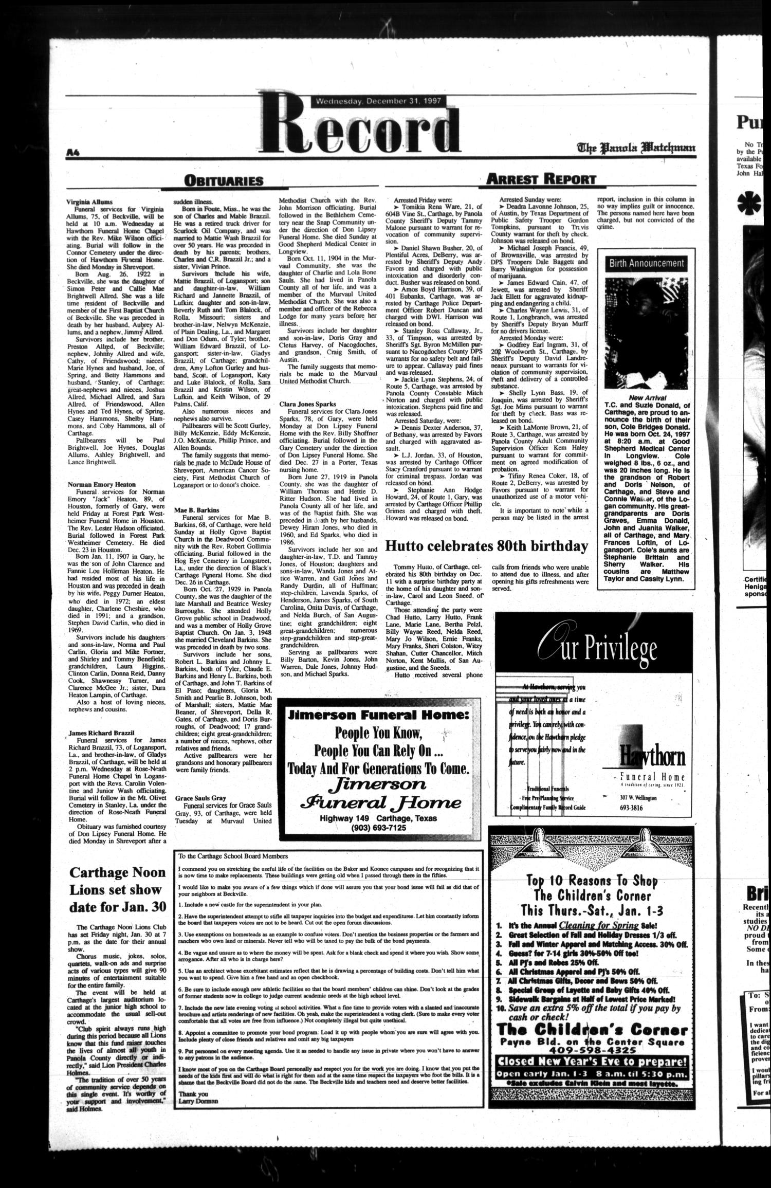 The Panola Watchman (Carthage, Tex.), Vol. 124, No. 105, Ed. 1 Wednesday, December 31, 1997
                                                
                                                    [Sequence #]: 4 of 15
                                                