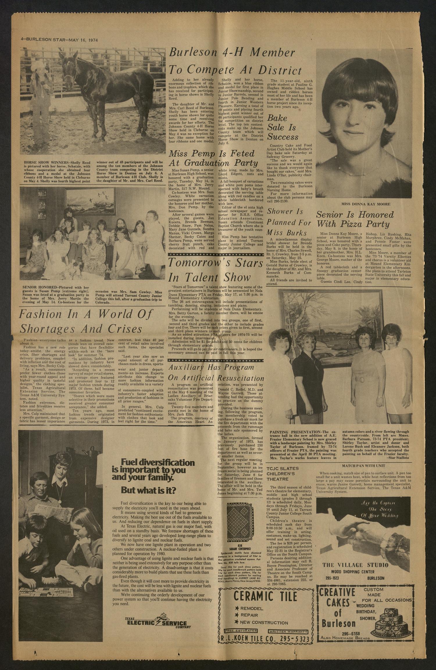 Burleson Star (Burleson, Tex.), Vol. 9, No. 29, Ed. 1 Thursday, May 16, 1974
                                                
                                                    [Sequence #]: 4 of 20
                                                