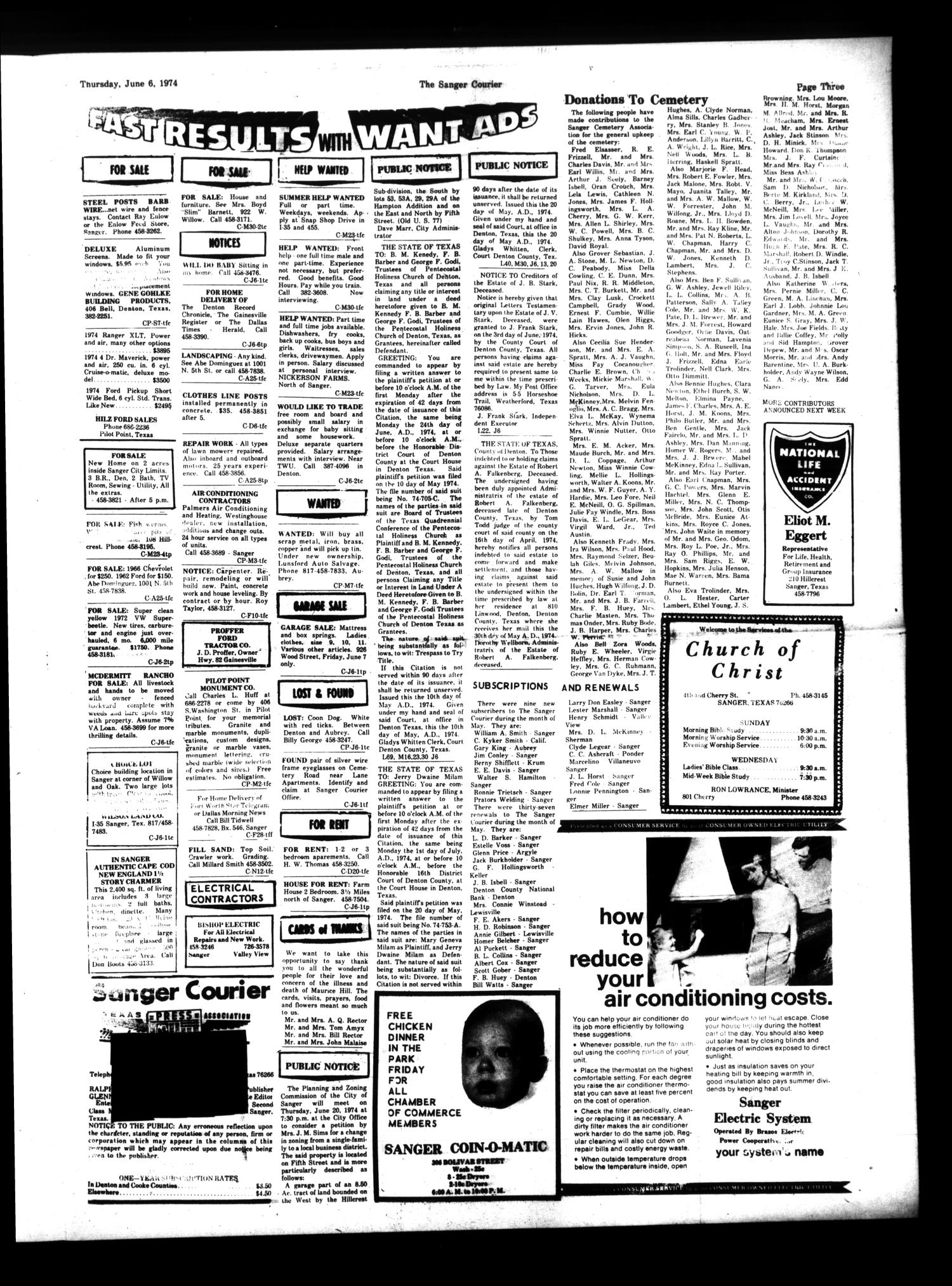 The Sanger Courier (Sanger, Tex.), Vol. 76, No. 36, Ed. 1 Thursday, June 6, 1974
                                                
                                                    [Sequence #]: 3 of 10
                                                