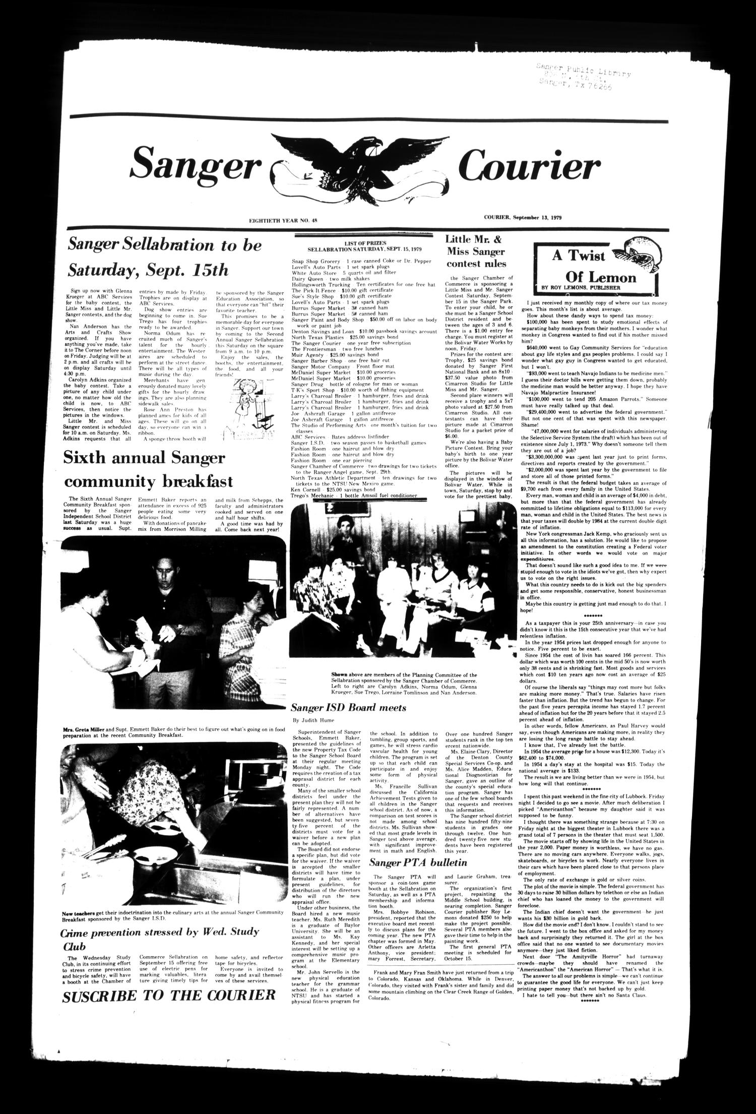 Sanger Courier (Sanger, Tex.), Vol. 80, No. 48, Ed. 1 Thursday, September 13, 1979
                                                
                                                    [Sequence #]: 1 of 12
                                                