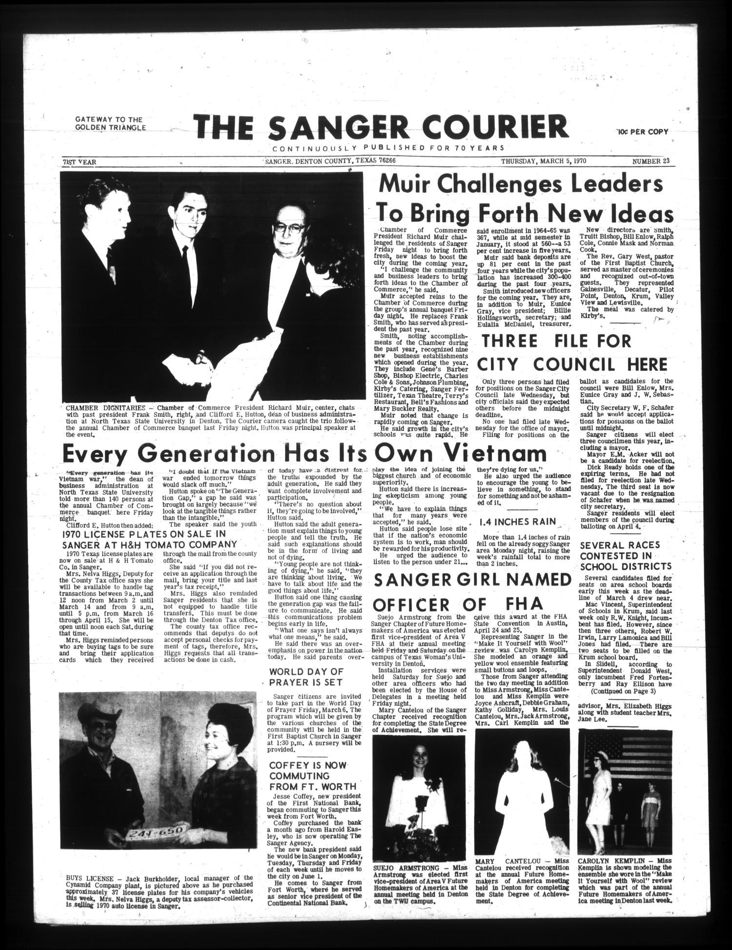 The Sanger Courier (Sanger, Tex.), Vol. 71, No. 23, Ed. 1 Thursday, March 5, 1970
                                                
                                                    [Sequence #]: 1 of 6
                                                