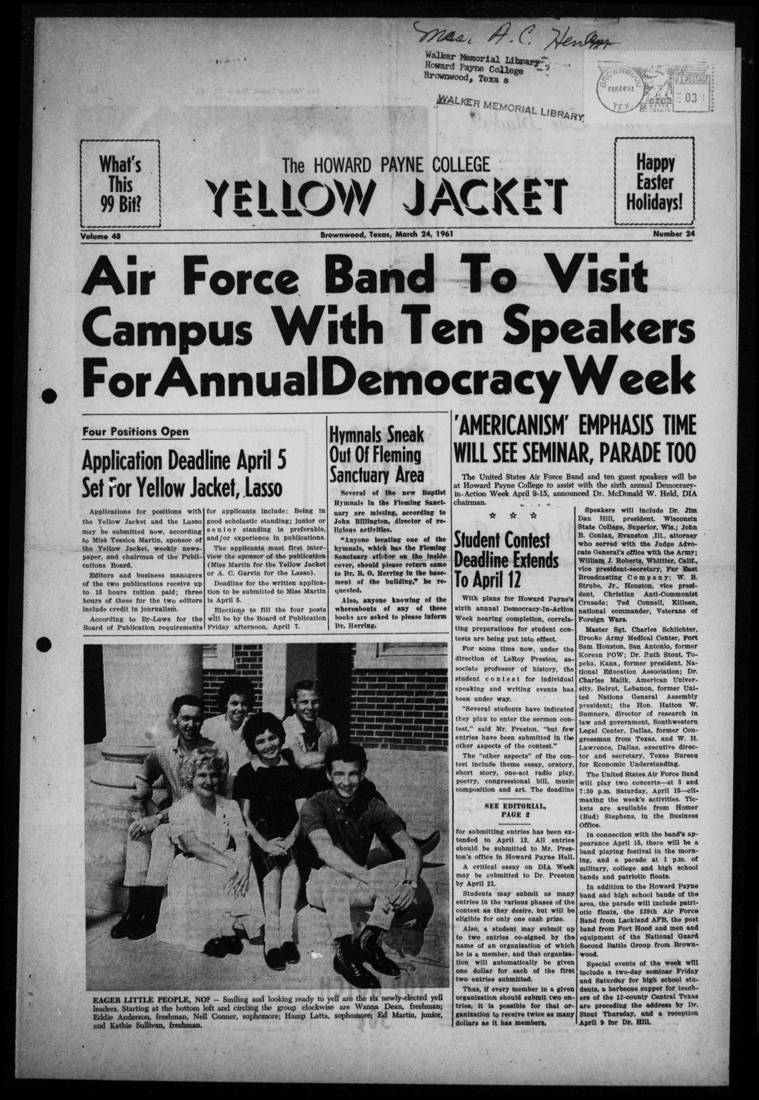 The Howard Payne College Yellow Jacket (Brownwood, Tex.), Vol. 48, No. 24, Ed. 1  Friday, March 24, 1961
                                                
                                                    [Sequence #]: 1 of 4
                                                