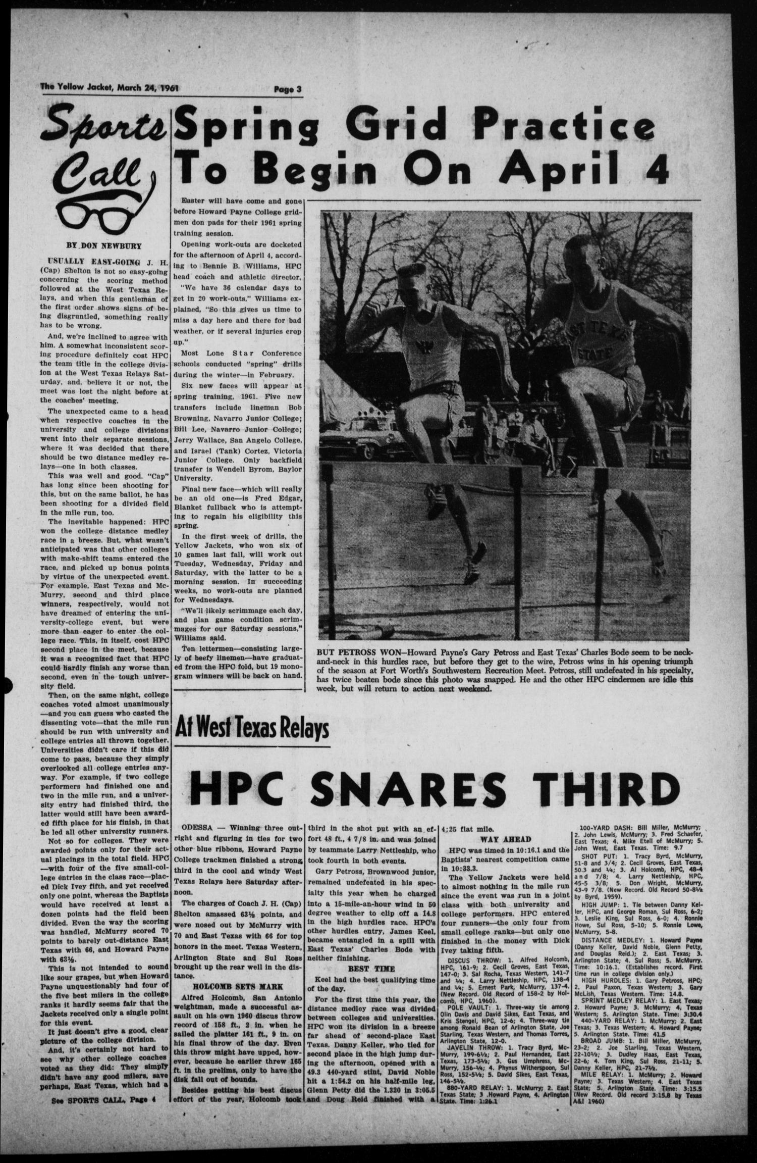 The Howard Payne College Yellow Jacket (Brownwood, Tex.), Vol. 48, No. 24, Ed. 1  Friday, March 24, 1961
                                                
                                                    [Sequence #]: 3 of 4
                                                