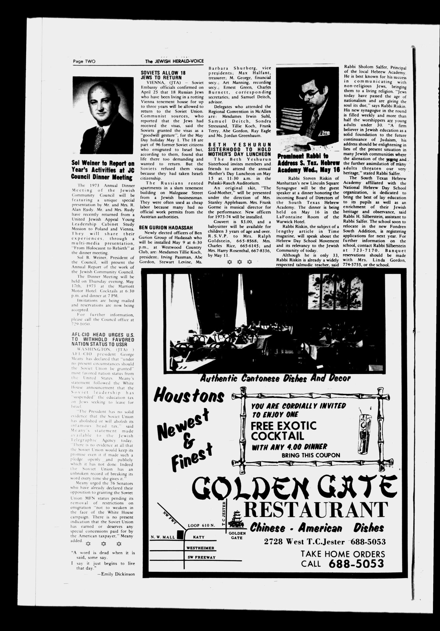 The Jewish Herald-Voice (Houston, Tex.), Vol. 69, No. 5, Ed. 1 Thursday, May 3, 1973
                                                
                                                    [Sequence #]: 2 of 20
                                                