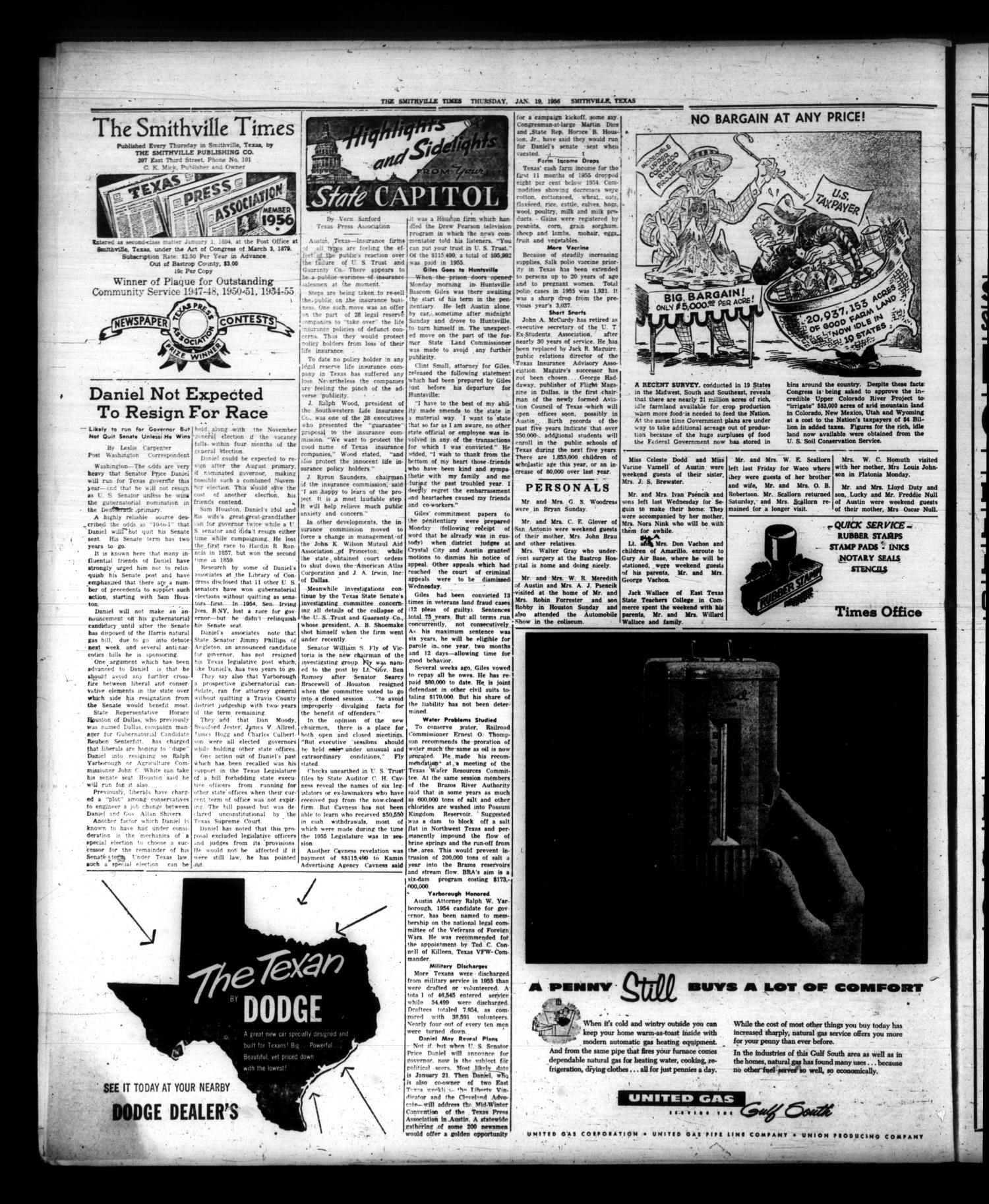 The Smithville Times Transcript and Enterprise (Smithville, Tex.), Vol. 65, No. 3, Ed. 1 Thursday, January 19, 1956
                                                
                                                    [Sequence #]: 2 of 8
                                                