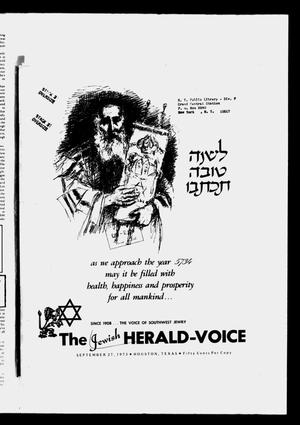 Primary view of object titled 'The Jewish Herald-Voice (Houston, Tex.), Vol. [69], No. [26], Ed. 1 Thursday, September 27, 1973'.