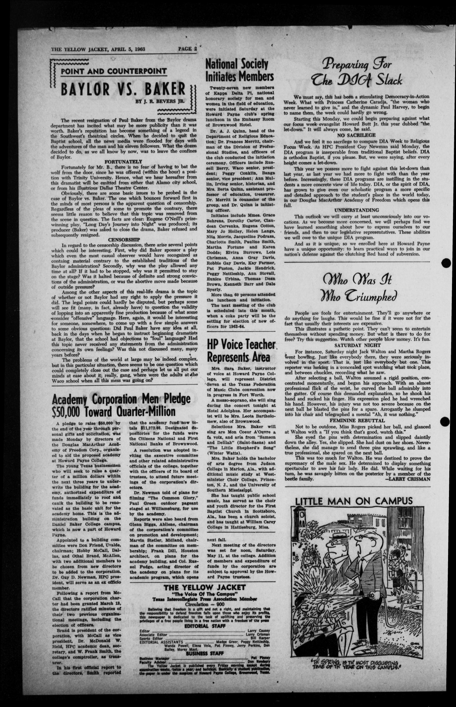 The Howard Payne College Yellow Jacket (Brownwood, Tex.), Vol. 50, No. 24, Ed. 1  Friday, April 5, 1963
                                                
                                                    [Sequence #]: 2 of 4
                                                