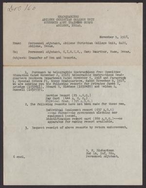 Primary view of object titled '[Memo from R. N. Richardson to Personnel Adjutant, C. I. O. T. S., Camp MacArthur, November 9, 1918]'.