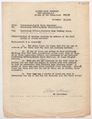 [Memo from Commandant of Eighth Naval District to Commanding Officer, Naval Unit, S.A.T.C, November 18, 1918]