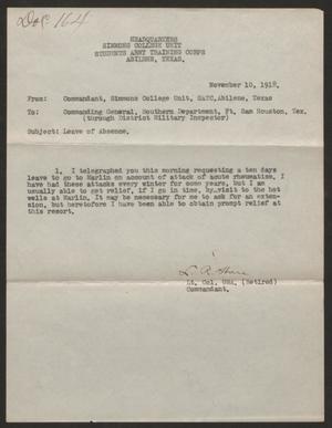 [Letter from L. R. Hare to U. S. Army Southern Department Commander, November 10, 1918]