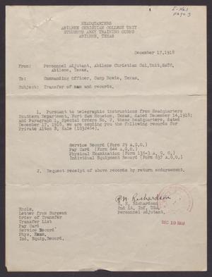 [Memo from R. N. Richardson to Camp Bowie Commanding Officer, December 17, 1918]