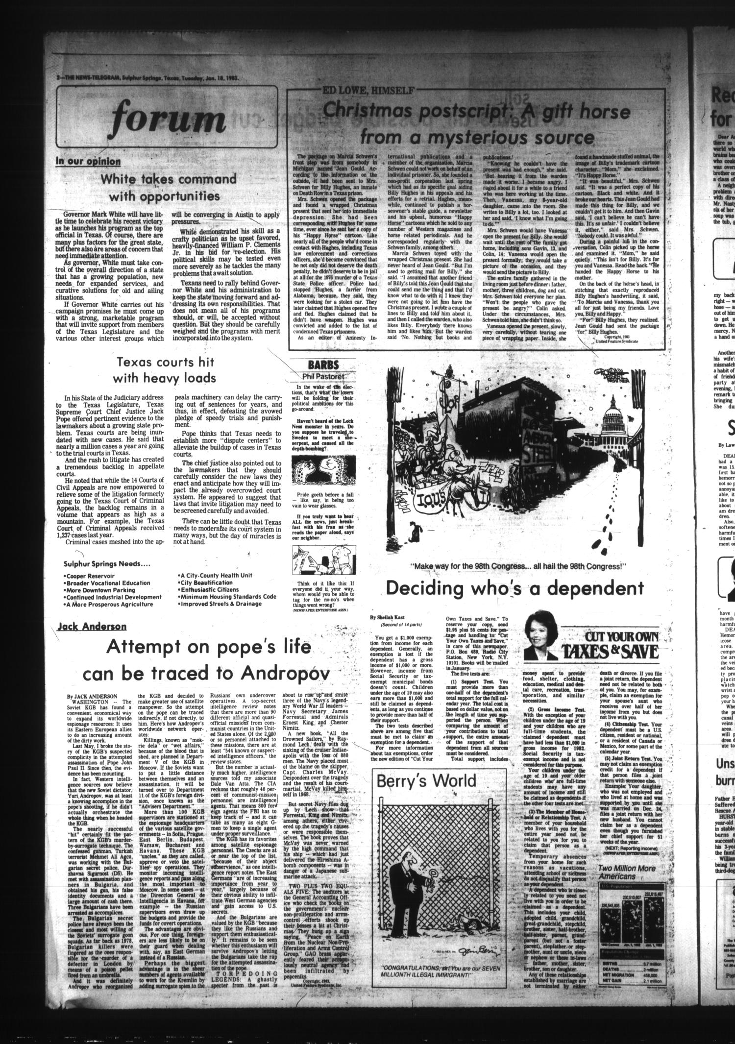 Sulphur Springs News-Telegram (Sulphur Springs, Tex.), Vol. 105, No. 14, Ed. 1 Tuesday, January 18, 1983
                                                
                                                    [Sequence #]: 2 of 12
                                                