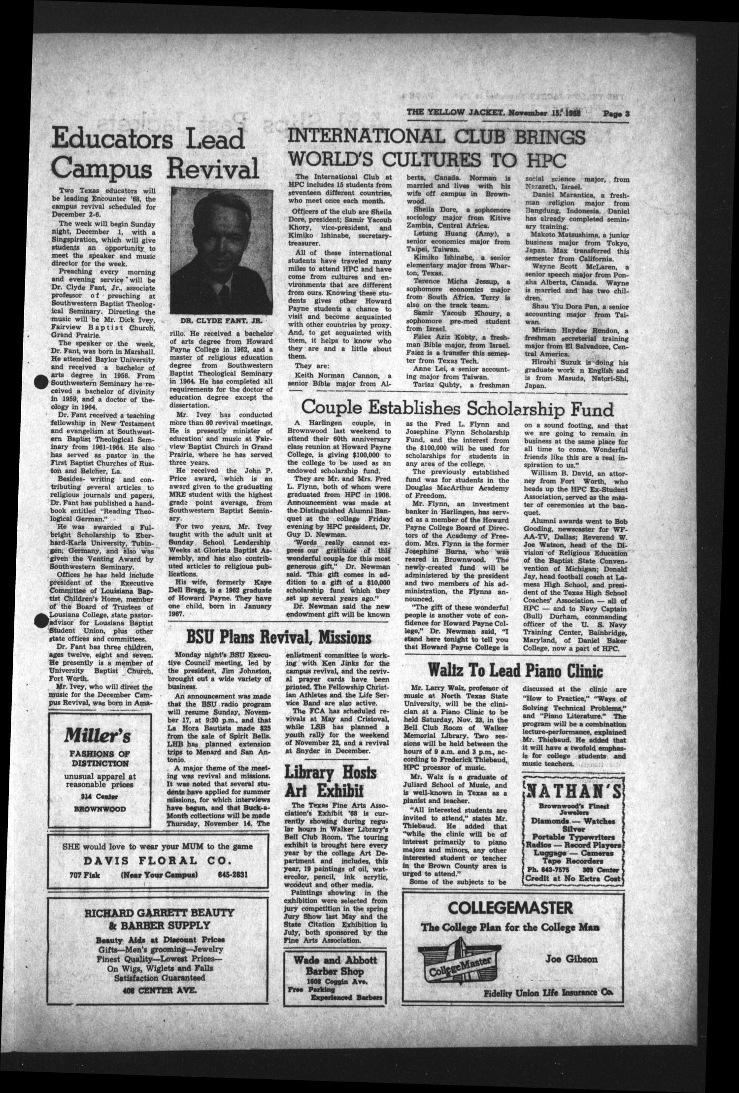 The Howard Payne College Yellow Jacket (Brownwood, Tex.), Vol. 56, No. 9, Ed. 1  Friday, November 15, 1968
                                                
                                                    [Sequence #]: 3 of 4
                                                