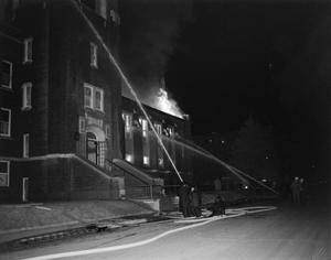 Primary view of object titled '[Firefighters outside Austin Avenue Methodist Church #3]'.