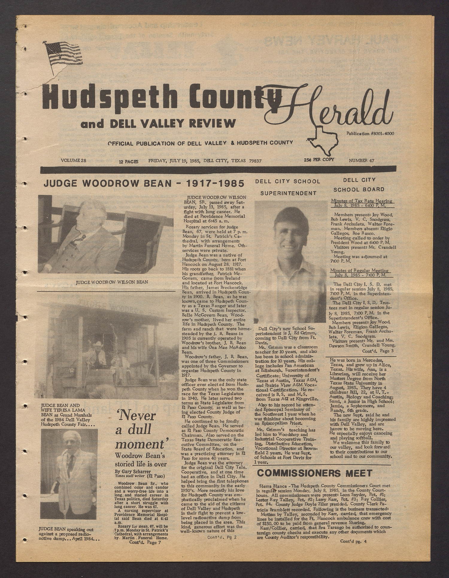 Hudspeth County Herald and Dell Valley Review (Dell City, Tex.), Vol. 28, No. 47, Ed. 1 Friday, July 19, 1985
                                                
                                                    [Sequence #]: 1 of 12
                                                