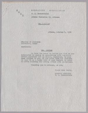 Primary view of object titled '[Letter from Gerasmo Messinis to the Galveston Chamber of Commerce, October 4, 1950]'.