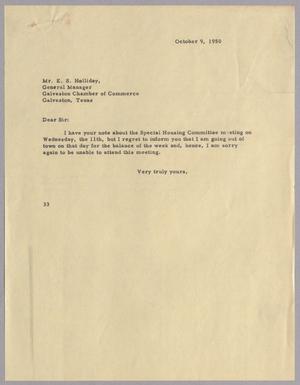 [Letter from Harris Leon Kempner to E. S. Holliday, October 9, 1950]