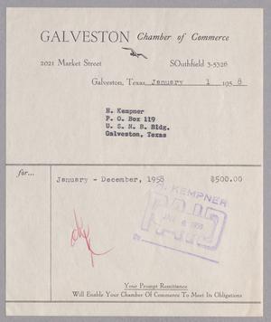 [Invoice for H. Kempner's fee from Galveston Chamber of Commerce, January 1958]