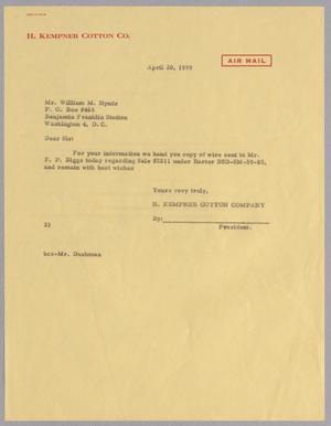 [Letter from Harris L. Kempner to William M. Hynds, April 20, 1959]