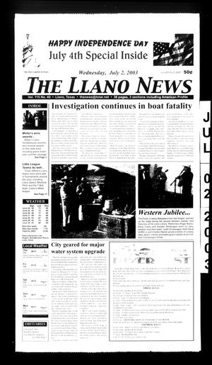 Primary view of object titled 'The Llano News (Llano, Tex.), Vol. 115, No. 40, Ed. 1 Wednesday, July 2, 2003'.