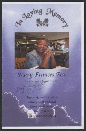 [Funeral Program for Mary Frances Fox, August 25, 2016]