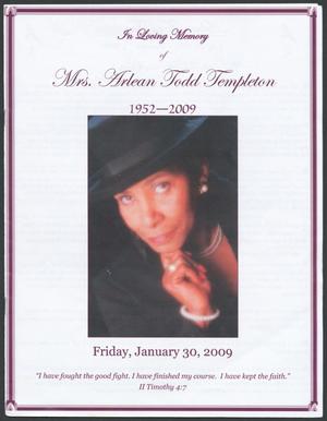 [Funeral Program for Mrs. Arlean Todd Templeton, January 30, 2009]