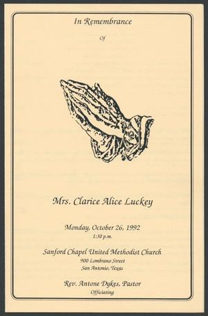 Primary view of object titled '[Funeral Program for Mrs. Clarice Alice Luckey, October 26, 1992]'.