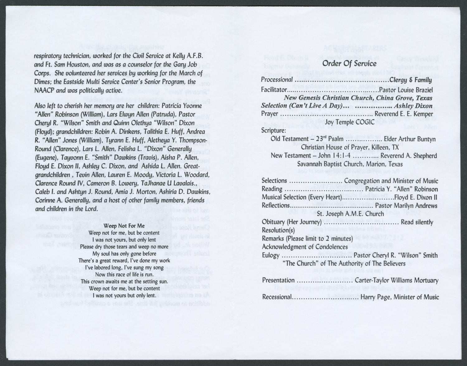 [Funeral Program for Wilma L. Wilson, October 31, 2006]
                                                
                                                    [Sequence #]: 3 of 5
                                                