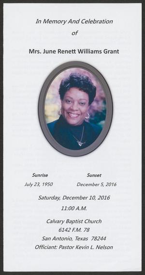 [Funeral Program for Mrs. June Renett Williams Grant, December 10, 2016]
