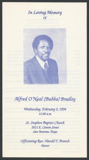 Primary view of object titled '[Funeral Program for Alfred O'Neal (Bubba) Bradley, February 2, 1994]'.